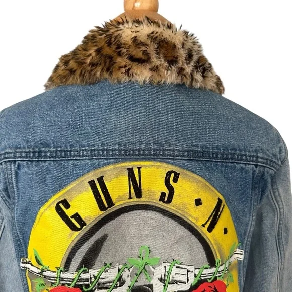 Guns N’ Roses Distressed Denim Trucker Band Jacket Leopard Faux Fur Collar M - Picture 7 of 15